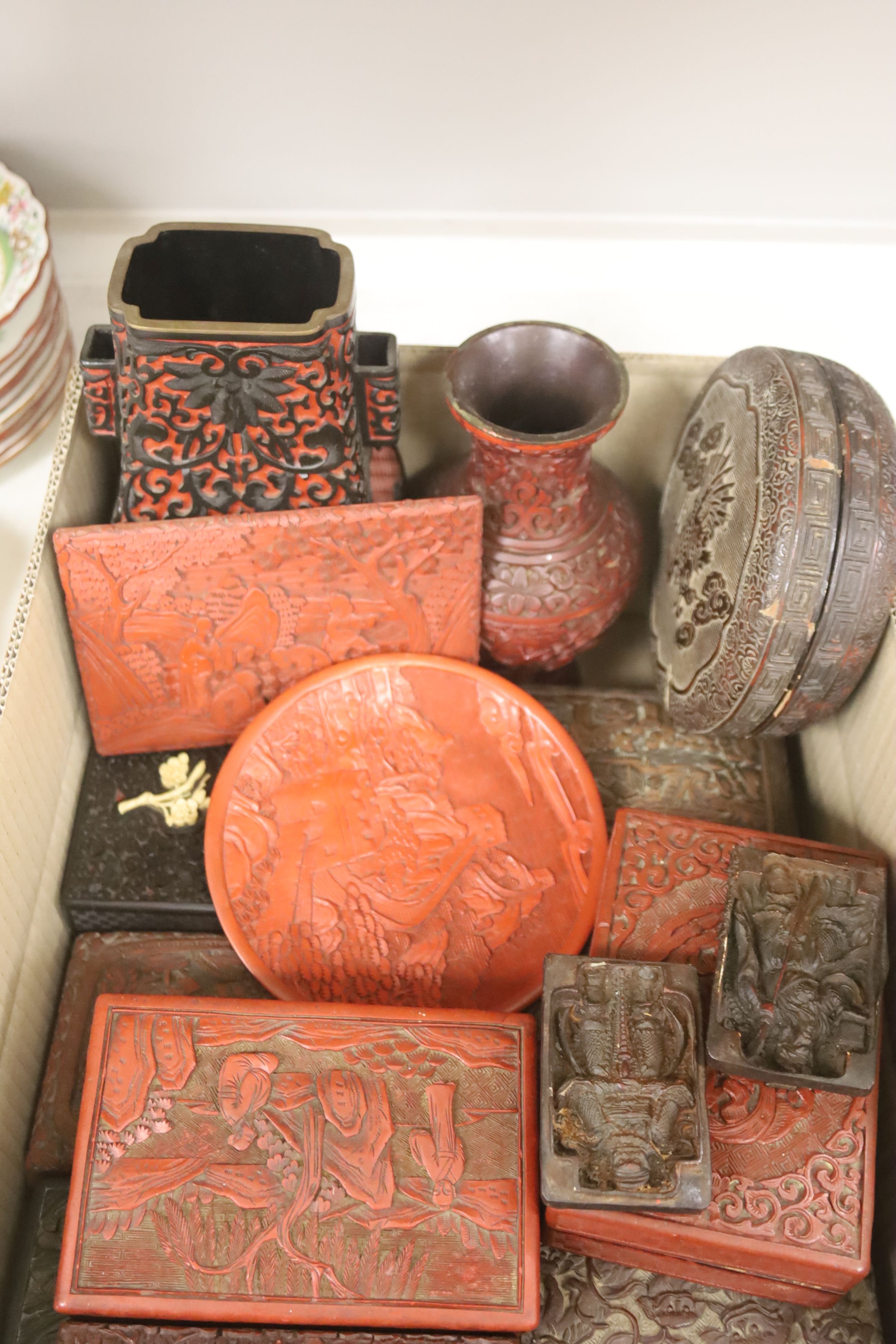 An assortment of Chinese cinnabar lacquer and other later boxes, to include a pair decorated with bears in woodland, largest 17 x 10cm (6)